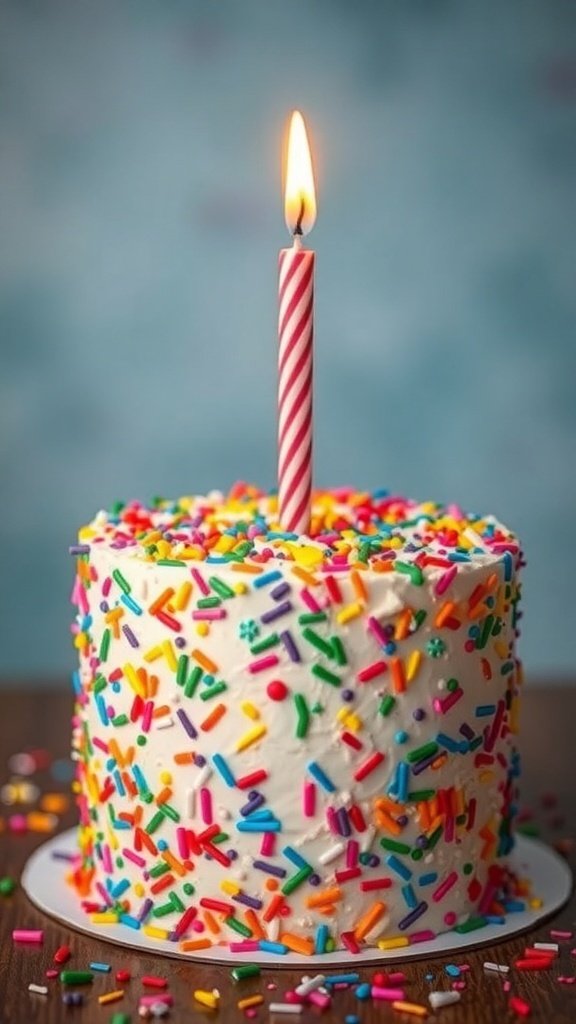 A colorful Funfetti cake with sprinkles and a lit candle on top.