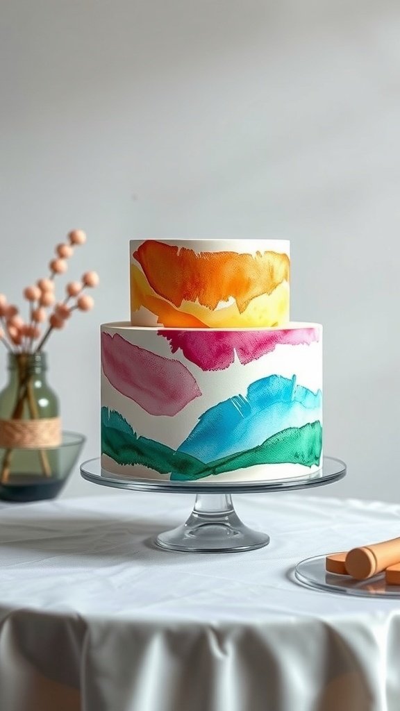 A two-tiered watercolor cake with vibrant brush strokes in orange, pink, and green, displayed on a glass stand.