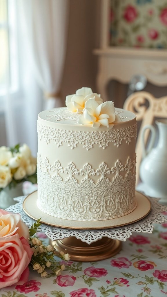 A vintage-style cake with lace detailing and flowers on top, set on a decorative plate.