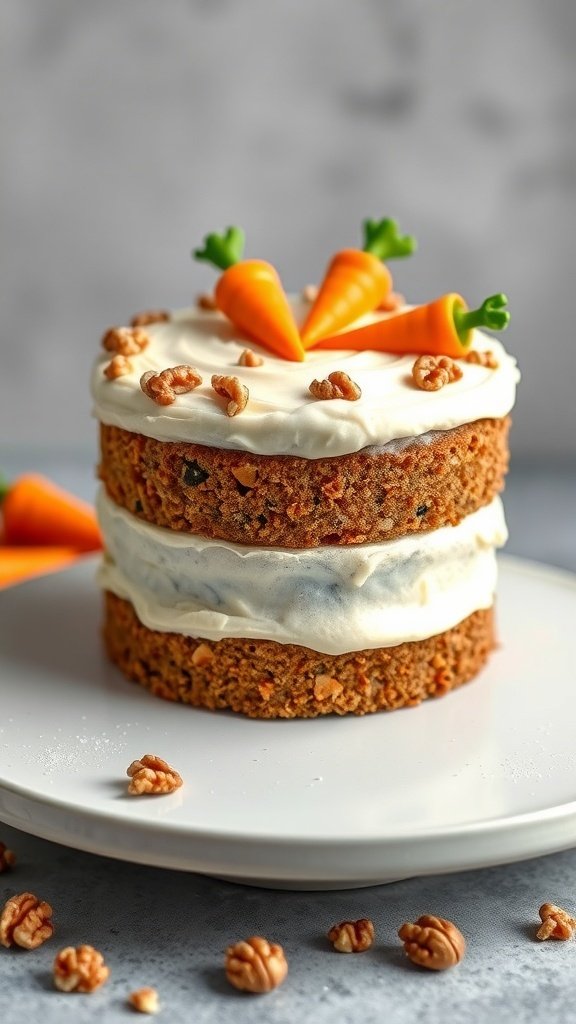 A beautifully decorated carrot cake with walnuts and small carrot decorations on top.