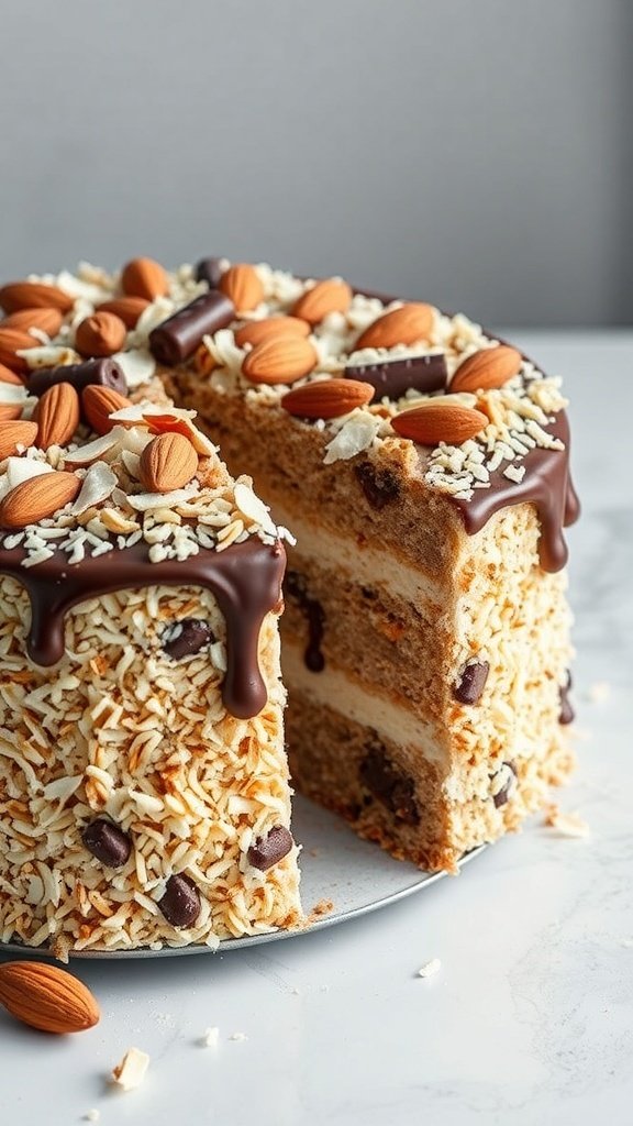 A delicious Almond Joy Cake topped with almonds, shredded coconut, and chocolate drizzle.