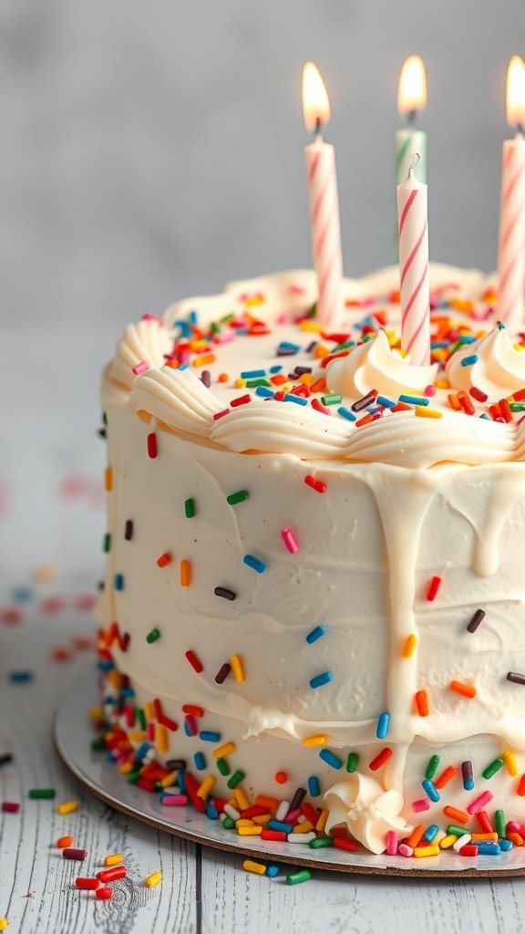 A classic vanilla buttercream birthday cake with colorful sprinkles and three lit candles on top.