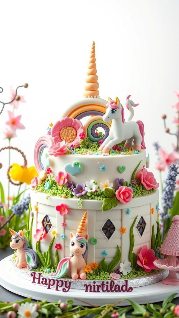 A whimsical fantasy themed cake featuring unicorns, flowers, and a rainbow.