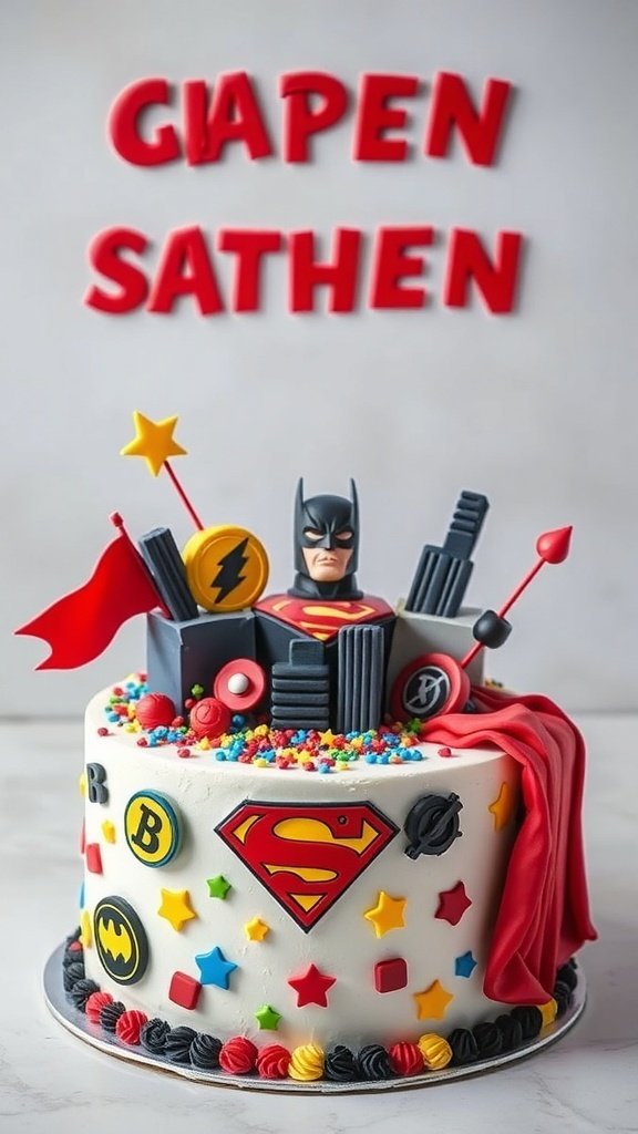 A colorful superhero-themed birthday cake with decorations and a superhero figure on top.