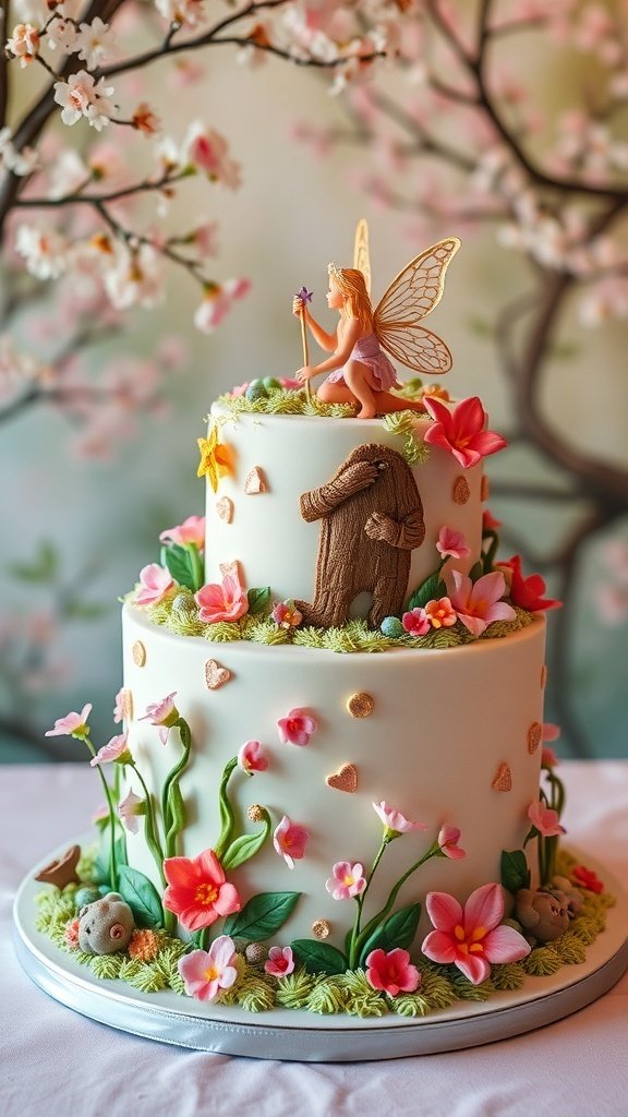 A fantasy-themed cake featuring a fairy, flowers, and a bear, set against a floral background.