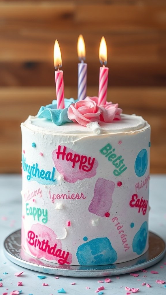 A birthday cake with watercolor effects, featuring pastel colors, playful text, and lit candles.