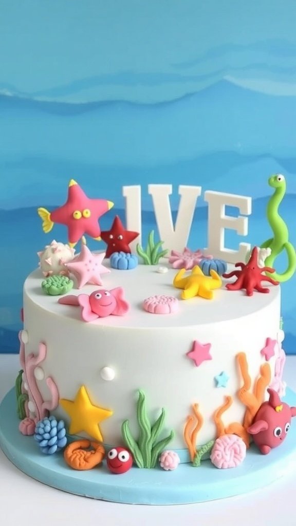 A colorful Under the Sea Cake decorated with fondant sea creatures and coral.