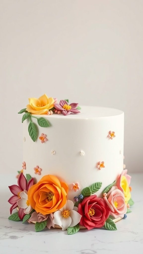 A beautiful floral buttercream cake decorated with colorful flowers and leaves.