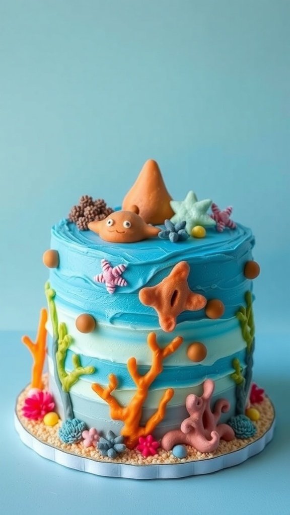 A colorful Under the Sea Cake decorated with fondant sea creatures and coral.