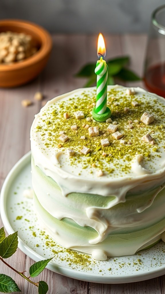 A matcha green tea cake with a green candle on top, sprinkled with matcha powder and candy pieces.
