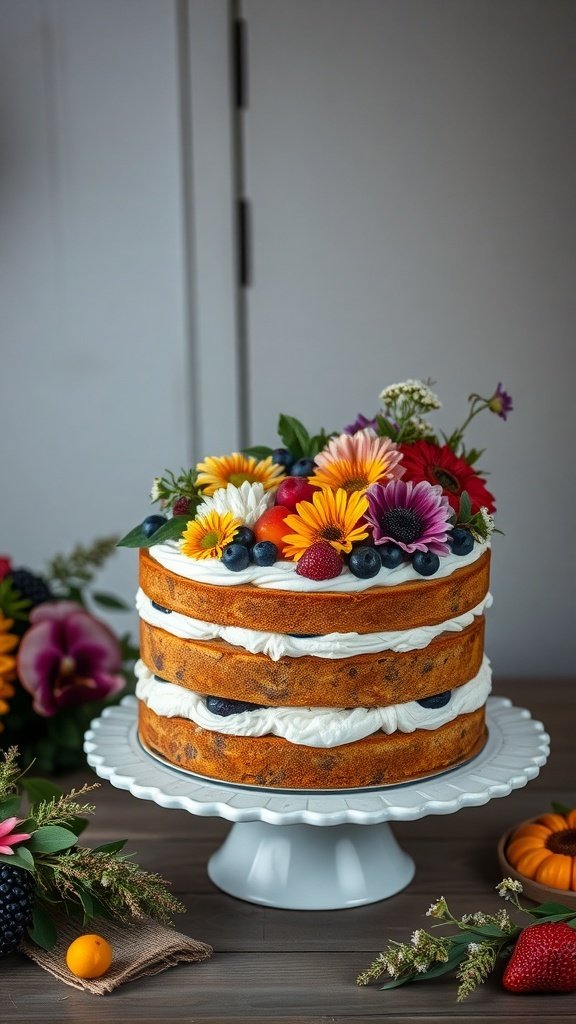 A beautifully decorated naked cake topped with seasonal fruits and flowers.