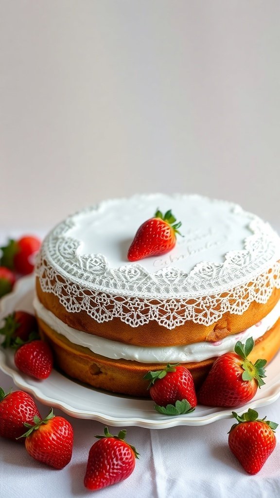 A vintage strawberry cake with lace accents, surrounded by fresh strawberries.