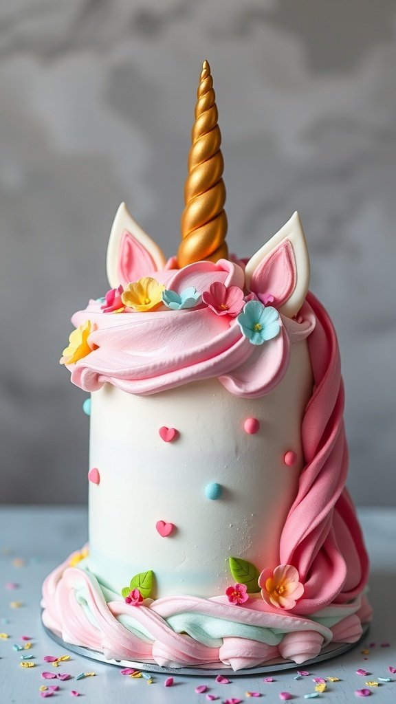 A colorful unicorn cake with a golden horn, pink and blue icing, and decorative flowers.