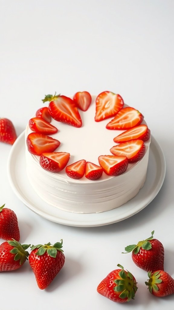 A minimalist strawberry birthday cake with fresh strawberries arranged on top.