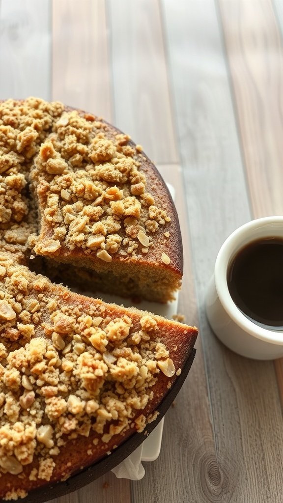 A slice of coffee cake with streusel topping next to a cup of coffee.