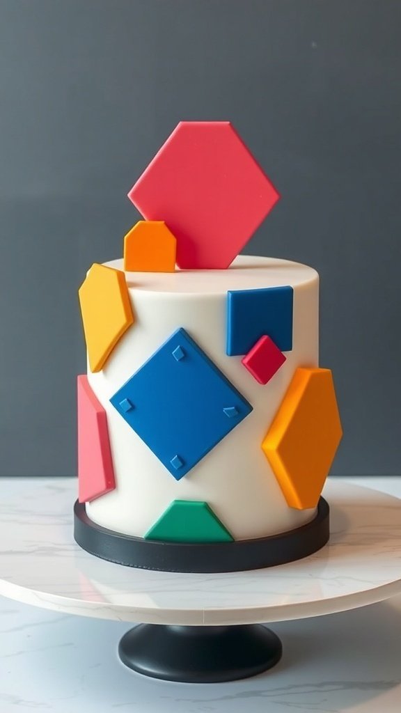 A modern cake decorated with colorful geometric fondant shapes.
