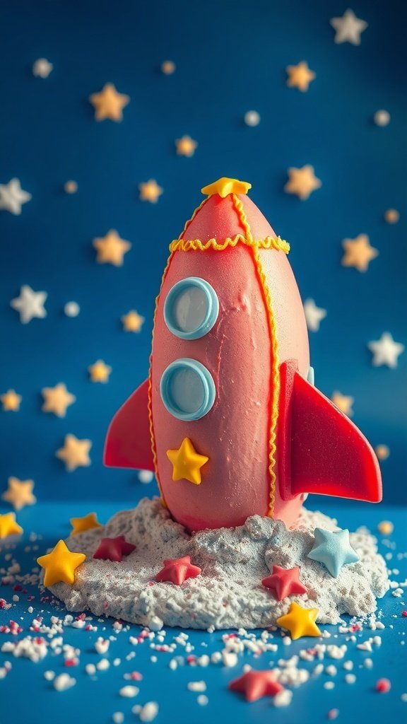 A colorful Space Rocket Cake surrounded by stars and moon dust.