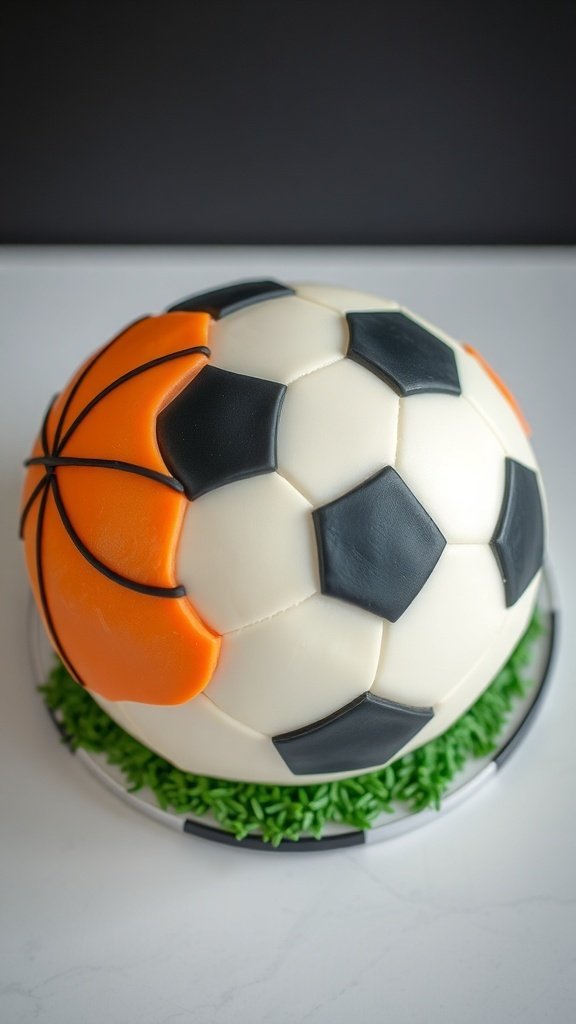 A sports-themed cake designed to look like a soccer ball with basketball elements, sitting on a green grass-like base.