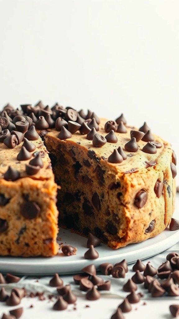 A chocolate chip cookie cake with chocolate chips on top, partially sliced.