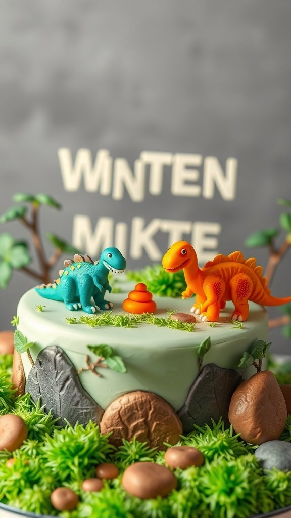 A colorful dinosaur-themed birthday cake with two dinosaur figurines, green frosting, and decorative rocks.