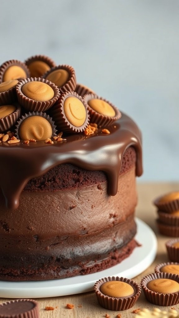 A delicious chocolate peanut butter cup cake topped with mini peanut butter cups and chocolate ganache.
