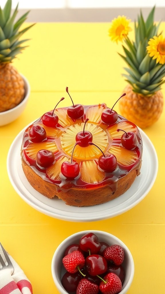 A pineapple upside down cake topped with cherries, surrounded by pineapples and strawberries.