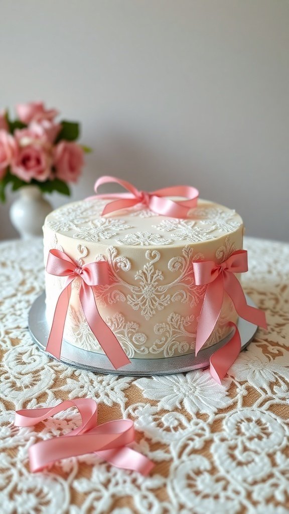 A vintage-inspired cake decorated with lace and pink ribbons, set on a lace tablecloth with flowers in the background.