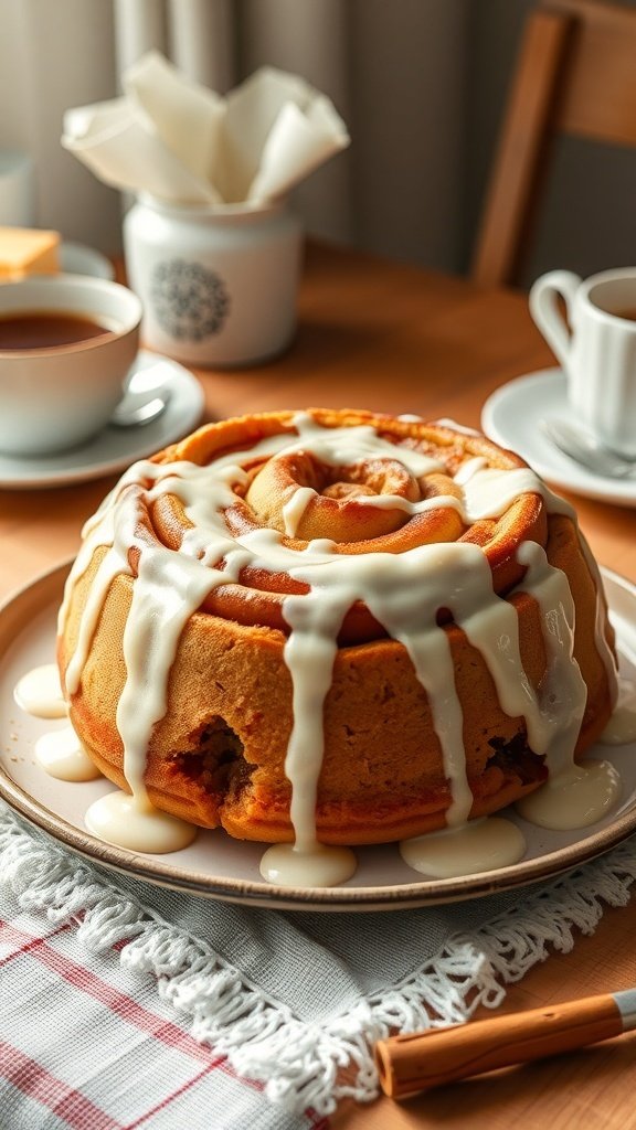 A delicious cinnamon roll cake topped with cream cheese glaze, served on a plate with coffee cups in the background.