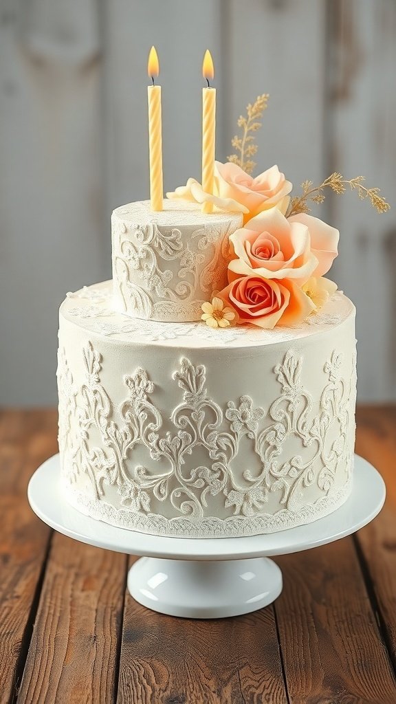 A vintage-style birthday cake with lace accents, two candles, and peach roses.