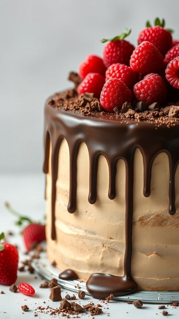 A chocolate drip cake topped with raspberries and chocolate shavings.