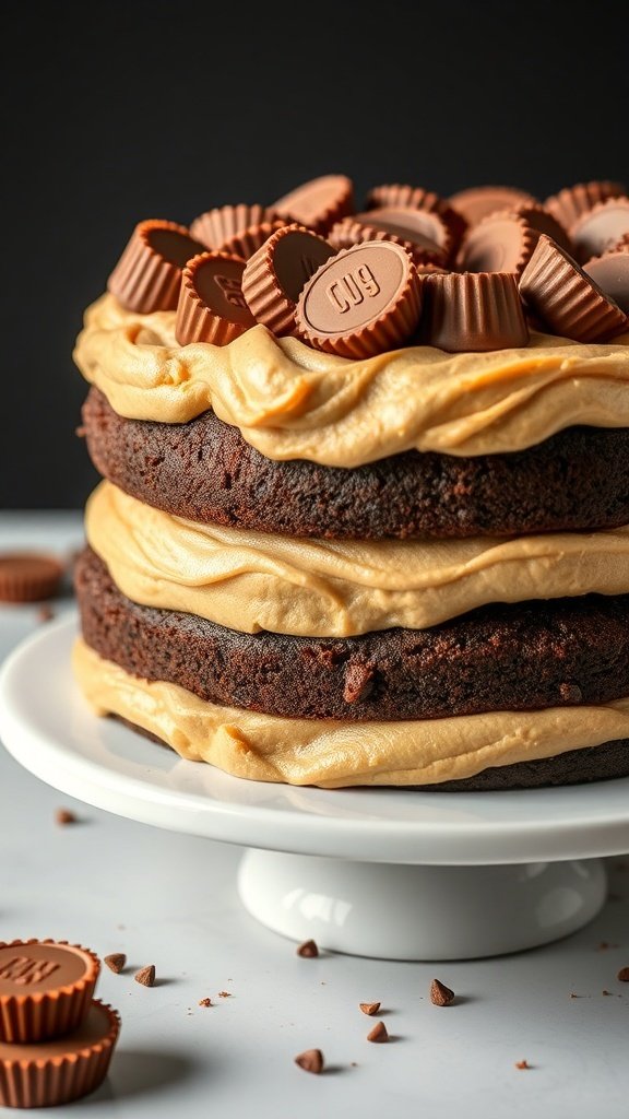 A three-layer chocolate cake with peanut butter frosting and topped with mini peanut butter cups.