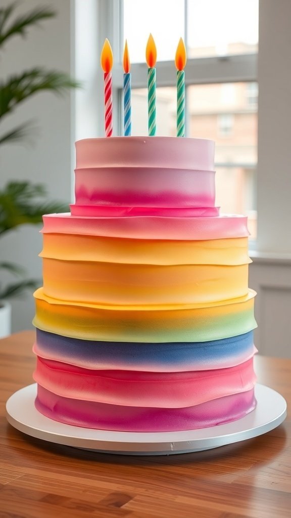 A birthday cake with a rainbow ombre effect, featuring layers of pink, yellow, green, and blue, topped with colorful candles.