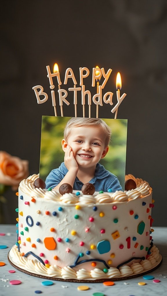 A birthday cake with a child's photo, colorful sprinkles, and 'Happy Birthday' candles.