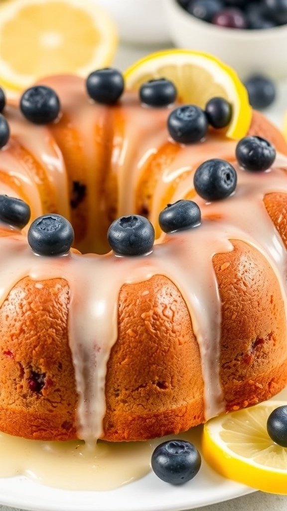 A Lemon Blueberry Bundt Cake topped with blueberries and lemon slices, featuring a shiny glaze.