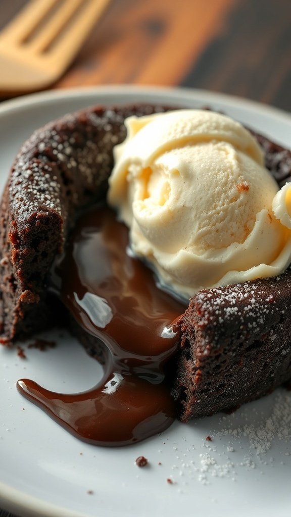 A delicious chocolate lava cake with a scoop of vanilla ice cream on top, showcasing a molten chocolate center.