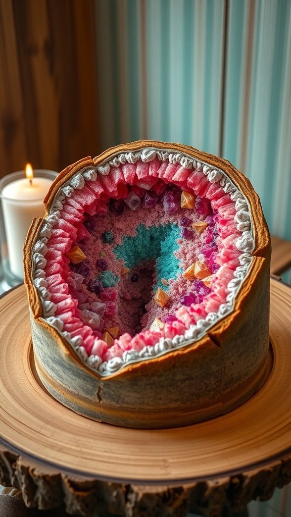 A beautifully crafted geode cake with colorful sugar crystals and a unique design.