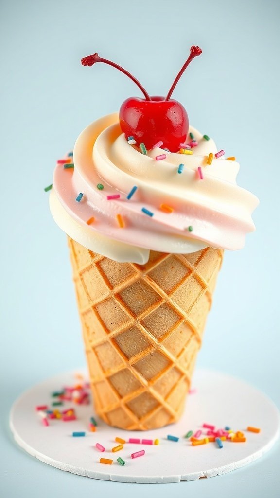 A cake shaped like an ice cream cone with a cherry on top and colorful sprinkles.