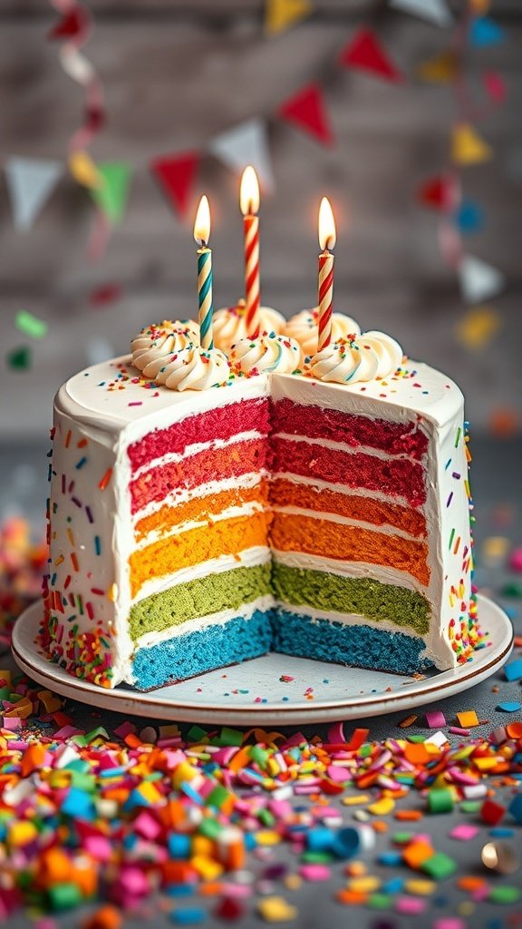 A vibrant rainbow layer cake with colorful layers, topped with sprinkles and candles.
