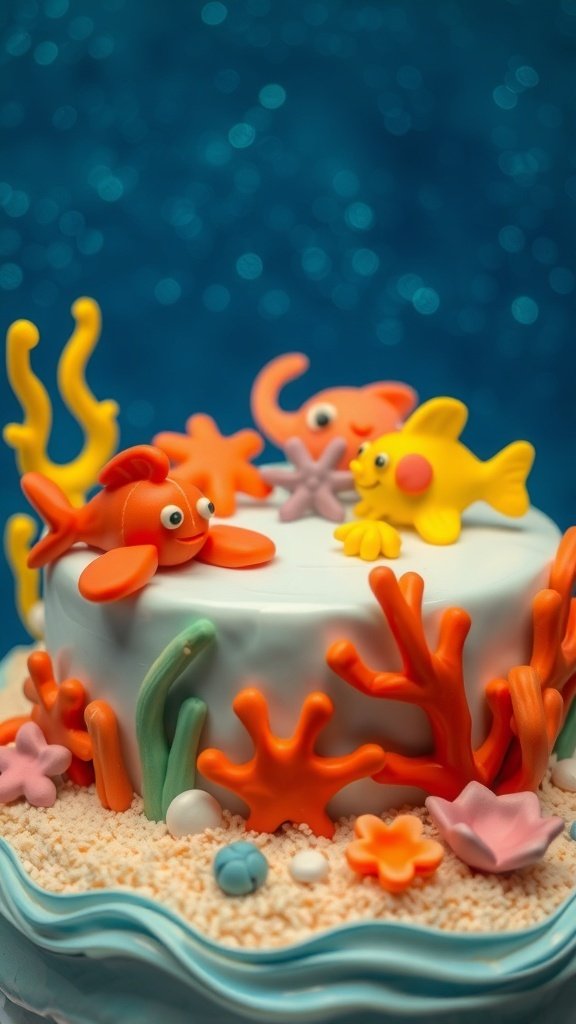 A colorful Under the Sea Cake decorated with fondant sea creatures and coral.