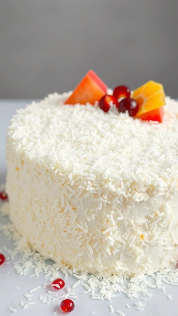 A tropical coconut cake topped with fruit and shredded coconut.