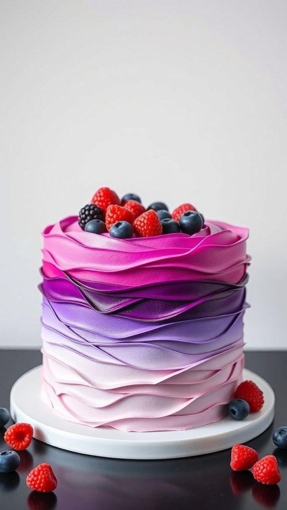 A beautifully designed cake with a bold ombre effect in pink and purple, topped with fresh berries.
