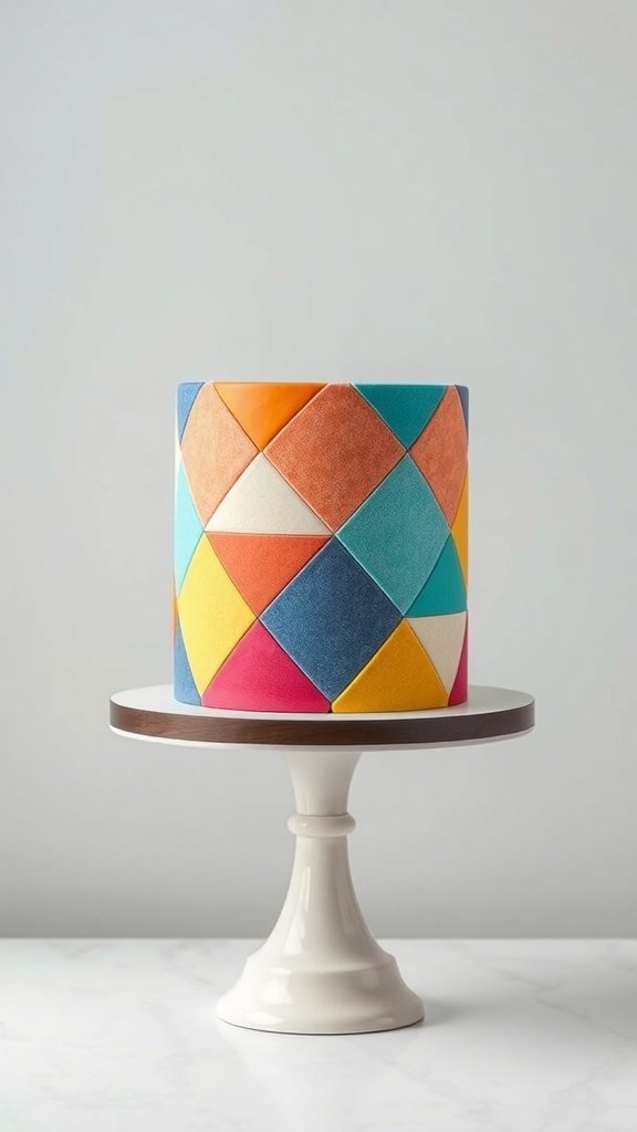 A colorful cake with geometric diamond patterns in orange, teal, and pink.