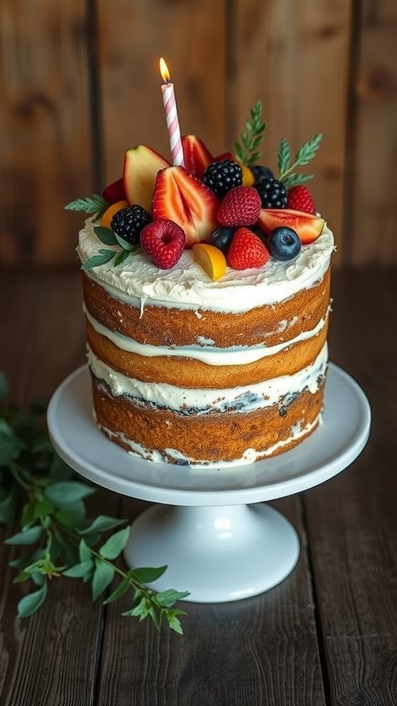 A rustic naked birthday cake topped with fresh fruits and a candle, set on a white cake stand.