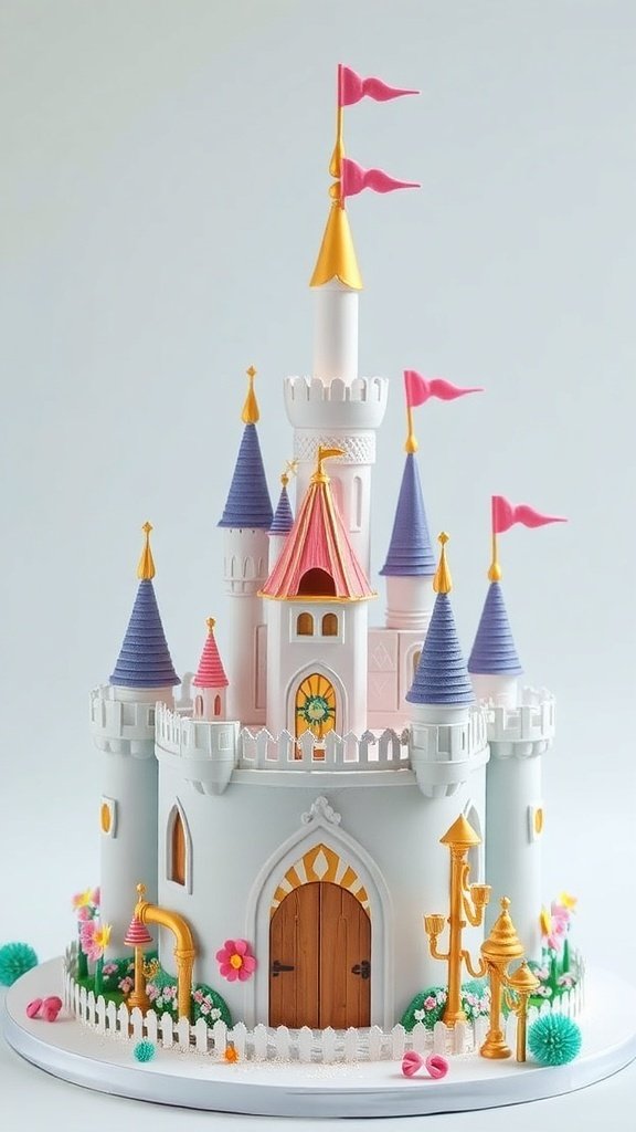 A beautifully decorated Fairytale Castle Cake with colorful flags and intricate details.