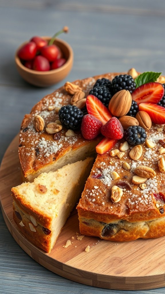 A delicious fruit and nut cake topped with fresh berries and almonds, with a slice cut out.