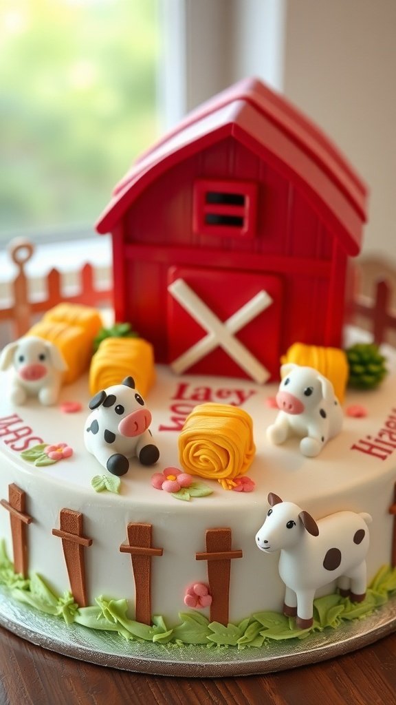 A colorful Farmyard Animal Cake featuring a red barn, fondant cows, and hay bales.