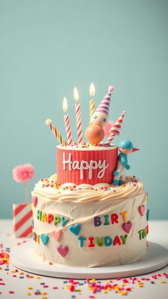 A colorful birthday cake with interactive toppers, including candles and playful figures.