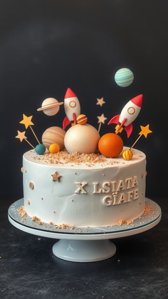 A space-themed birthday cake with rockets and planets on top