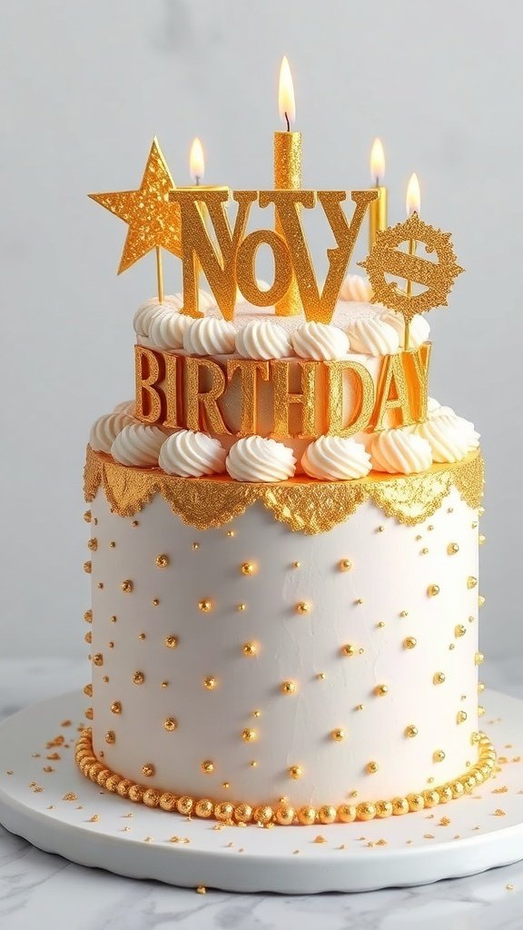 A birthday cake with gold accents, featuring candles and decorative elements.