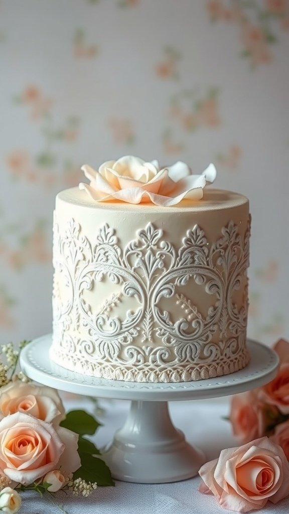 A vintage lace cake with intricate designs and a rose on top, surrounded by pink roses.